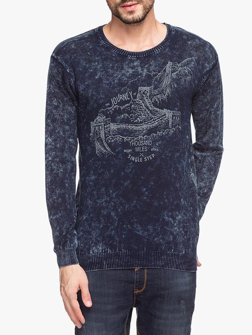 blue cotton chest print t-shirt - 15308269 - Very Small Image - 1