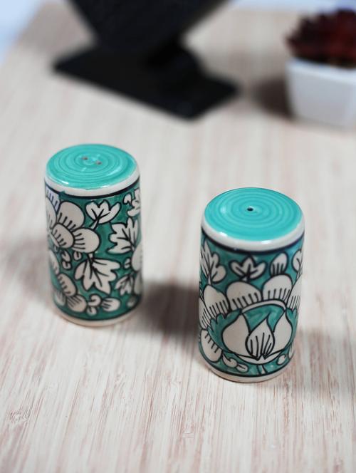 ceramic salt n pepper table set - hand painted in sea green mughal art - set of 2 - 15311009 - Very Small Image - 1