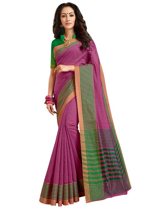 stripe bordered saree with blouse - 15315852 - Very Small Image - 1