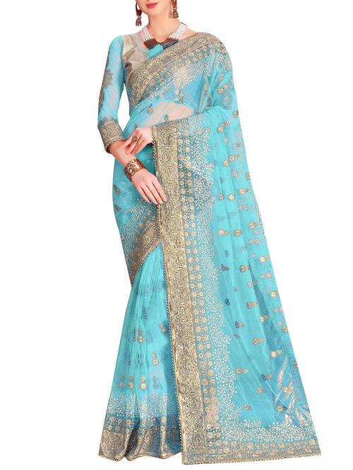 sea green  embroidered  net saree with blouse - 15318986 - Very Small Image - 1