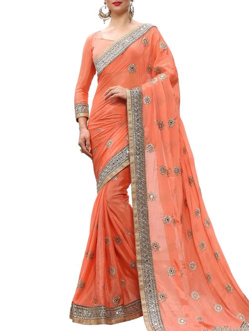 mirror work  satin saree with blouse - 15319051 - Very Small Image - 1