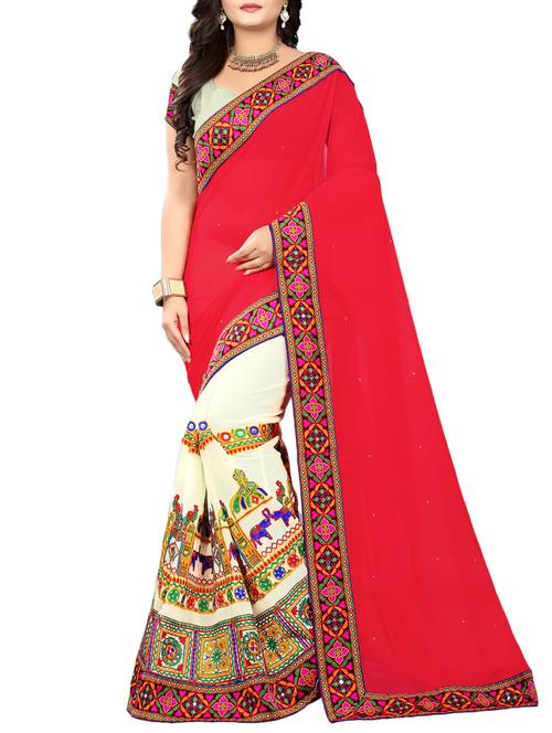 women's printed red colored saree with blouse - 15324288 - Very Small Image - 1