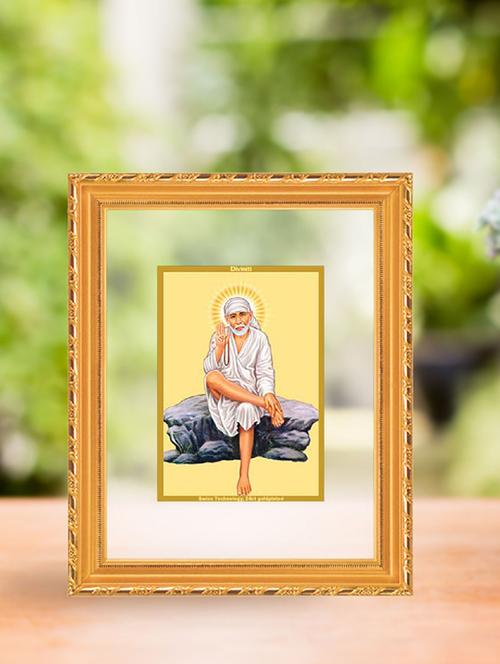 double glass wall hanging frame gold plated sai baba sitting on stone - 15325595 - Very Small Image - 1