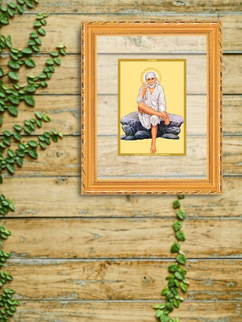double glass wall hanging frame gold plated sai baba sitting on stone - 15325637 - Very Small Image - 1