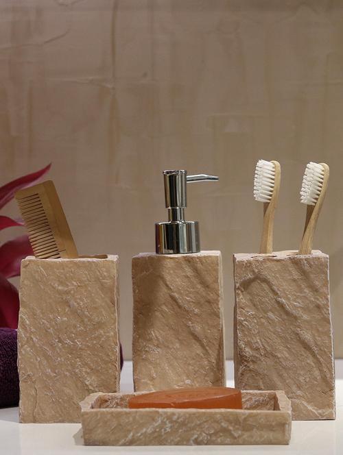 beige polyresin bath set collection of liquid soap dispenser, toothbrush holder, tumbler and soap dish - 15327388 - Very Small Image - 1