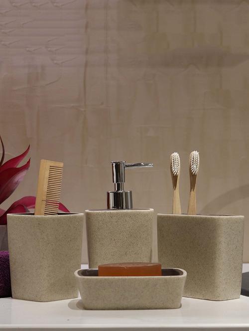stand stone polyresin bath set collection of liquid soap dispenser, toothbrush holder, tumbler and soap dish - 15327393 - Very Small Image - 1