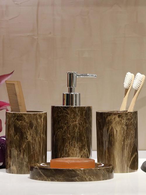 brown polyresin bath set collection of liquid soap dispenser, toothbrush holder, tumbler and soap dish - 15327397 - Very Small Image - 1