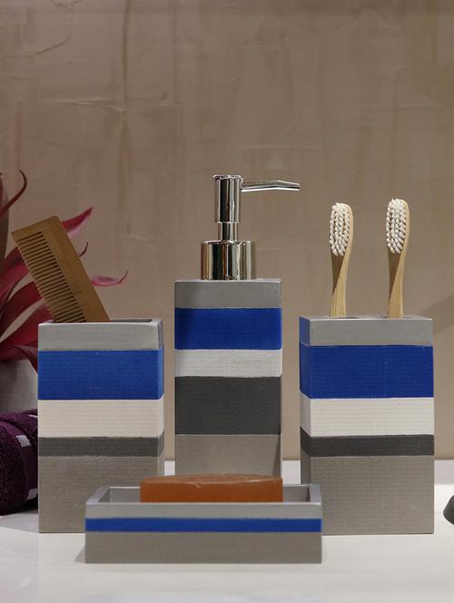 multi color polyresin bath set collection of liquid soap dispenser, toothbrush holder, tumbler and soap dish - 15327406 - Very Small Image - 1