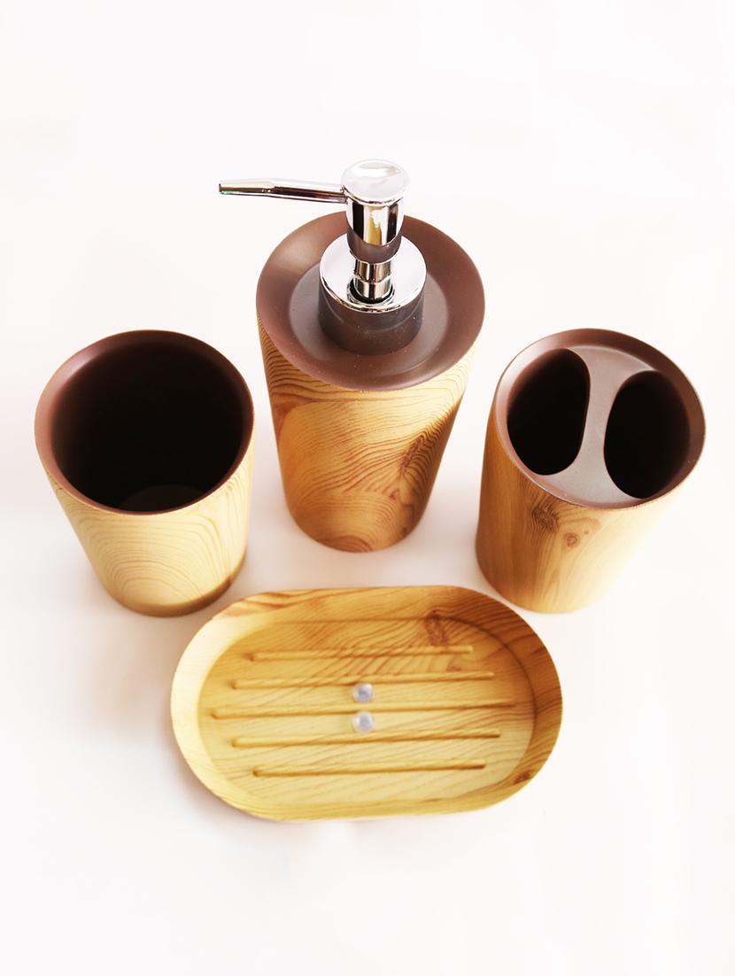 brown polyresin bath set collection of liquid soap dispenser, toothbrush holder, tumbler and soap dish - 15327417 - Standard Image - 2