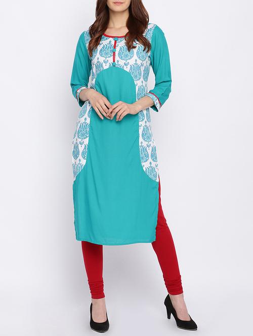 turquoise  straight kurta - 15332296 - Very Small Image - 1