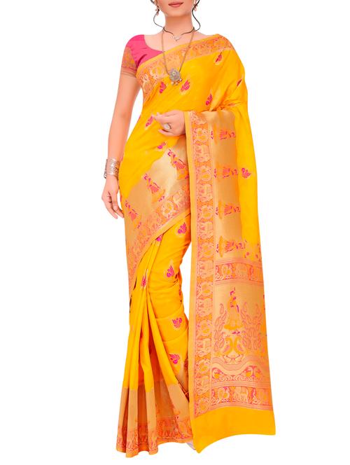 yellow kanjivaram saree with blouse - 15333152 - Very Small Image - 1