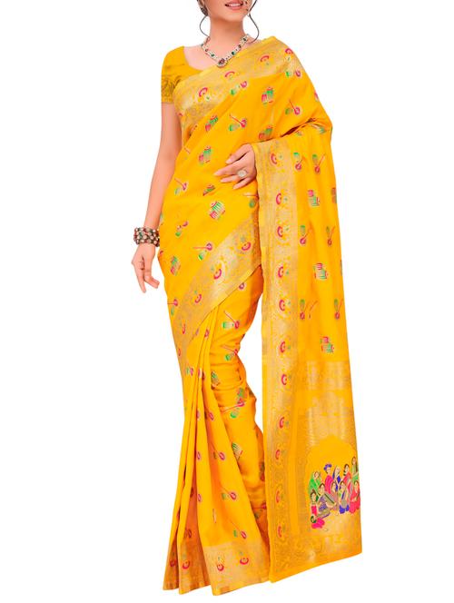 yellow kanjivaram saree with blouse - 15333160 - Very Small Image - 1