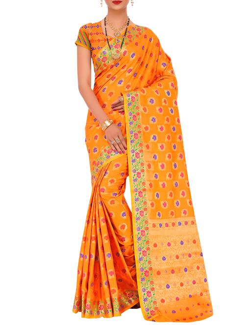 orange silk banarasi saree with blouse - 15333175 - Very Small Image - 1