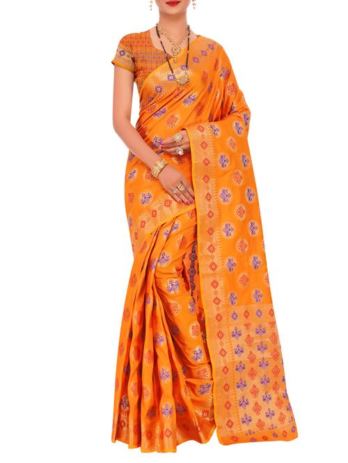 orange silk banarasi saree with blouse - 15333177 - Very Small Image - 1