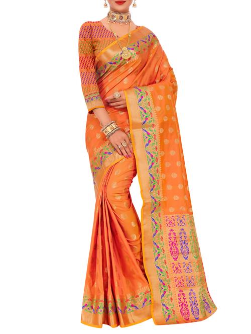 orange silk banarasi saree with blouse - 15333182 - Very Small Image - 1