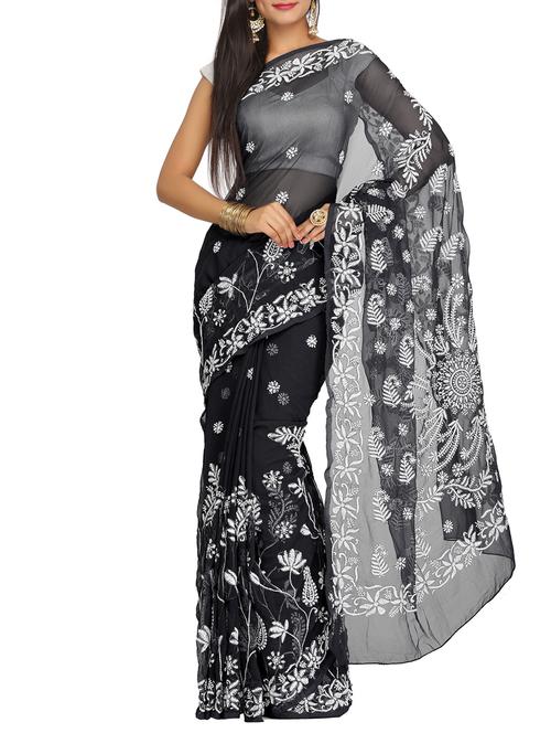 black georgette hand worked lucknowi chikankari saree with blouse - 15334385 - Very Small Image - 1