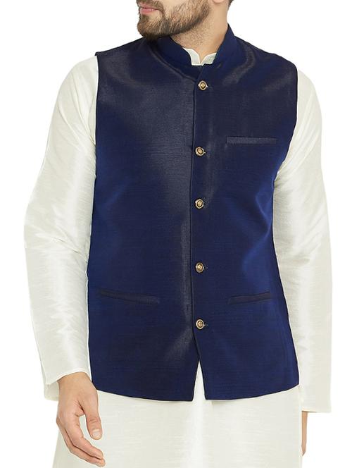 navy blue silk nehru jacket - 15336199 - Very Small Image - 1
