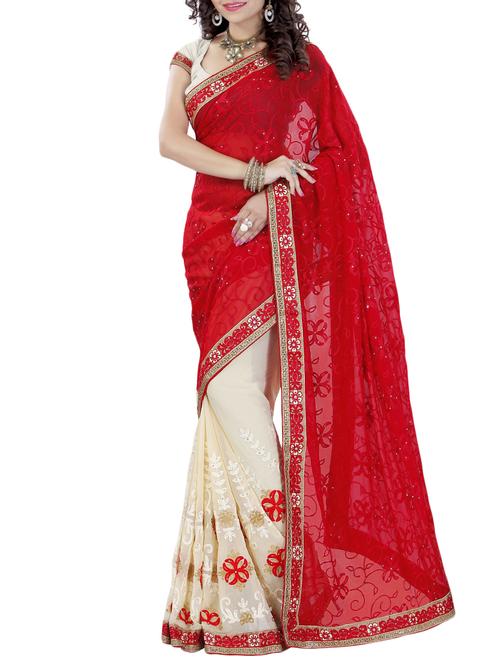 thread embroidered half & half saree with blouse - 15337065 - Very Small Image - 1