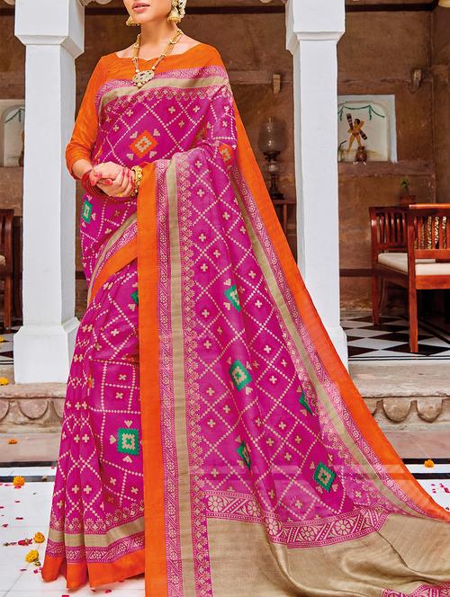 constrat border geometrical printed saree with blouse - 15337627 - Very Small Image - 1