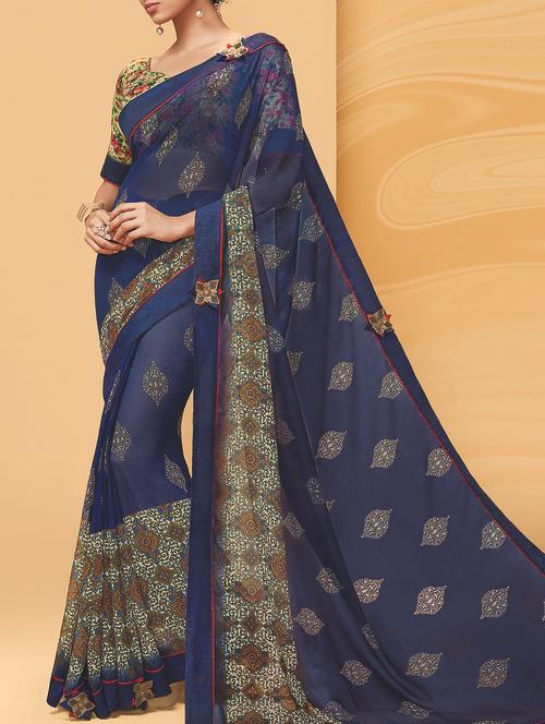 midnight blue printed saree with blouse - 15337653 - Very Small Image - 1