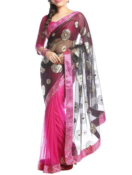 foil printed black half and half saree with blouse - 15344375 - Very Small Image - 1