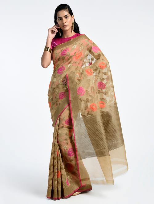 floral zari banarasi saree with blouse - 15345605 - Very Small Image - 1