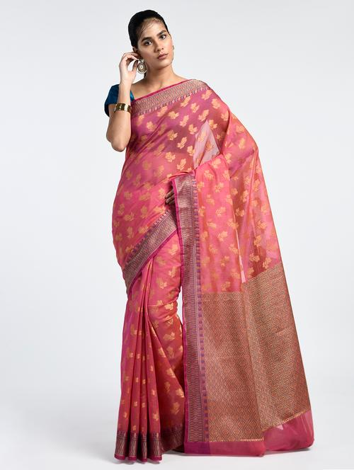 floral zari motif banarasi saree with blouse - 15345677 - Very Small Image - 1