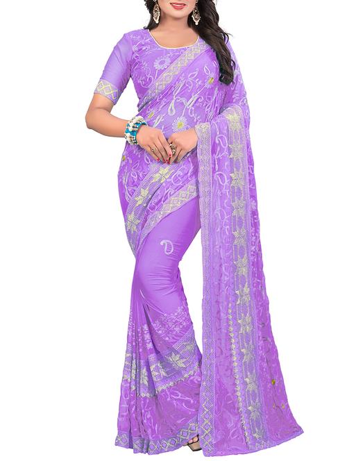 thread embroidered purple saree with blouse - 15346548 - Very Small Image - 1