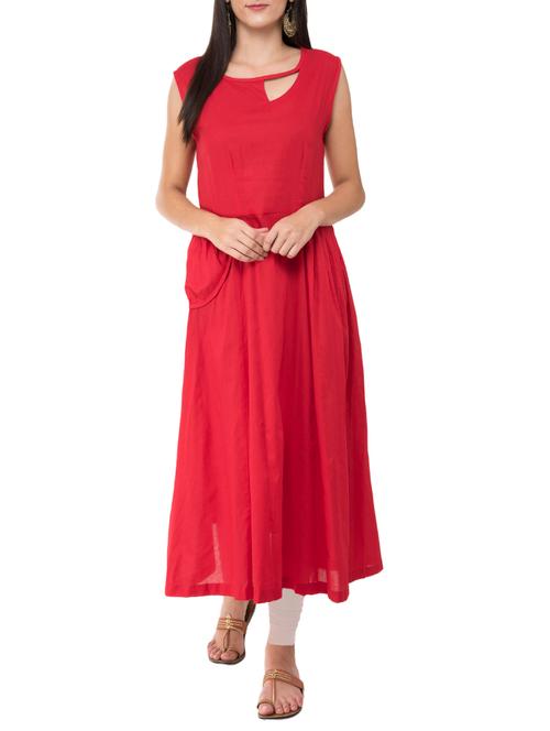 red cotton flared kurta - 15349428 - Very Small Image - 1