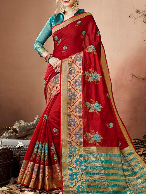 thread embroidered striped pallu saree with blouse - 15351373 - Very Small Image - 1