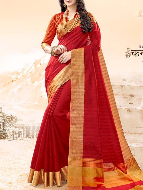 zari border striped pallu saree with blouse - 15351376 - Very Small Image - 1