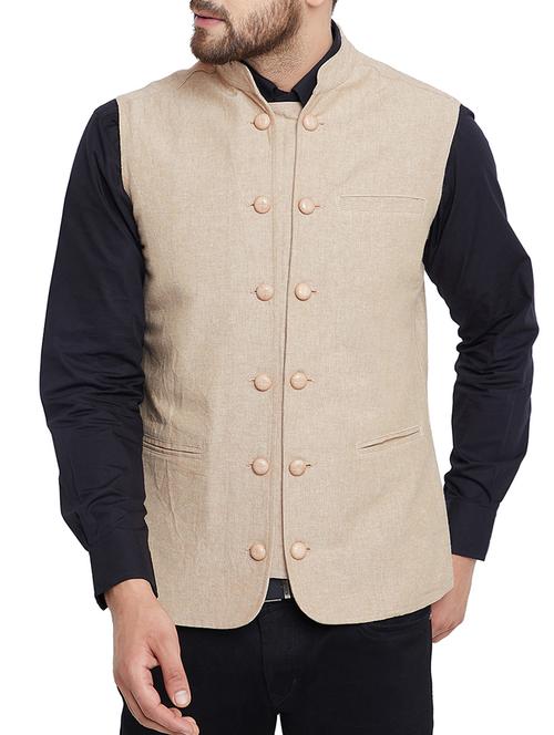 beige cotton nehru jacket - 15352978 - Very Small Image - 1