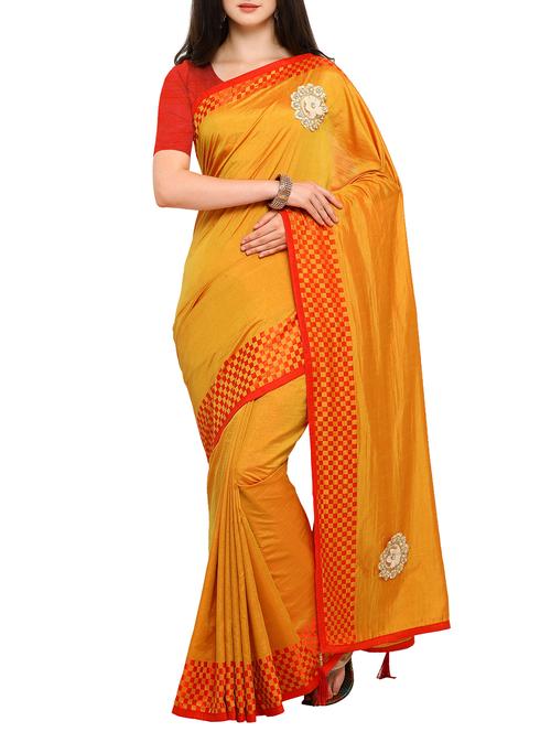 patchwork mustard embroidered saree with blouse - 15353760 - Very Small Image - 1
