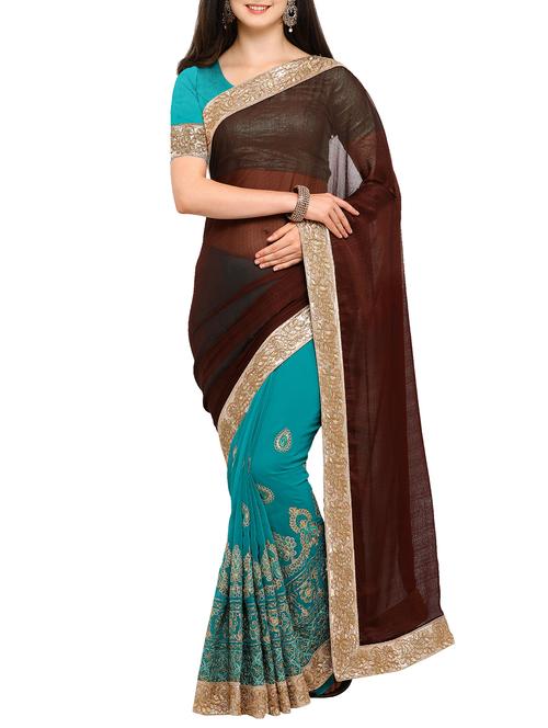 embroidered half & half brown saree with blouse - 15353762 - Very Small Image - 1