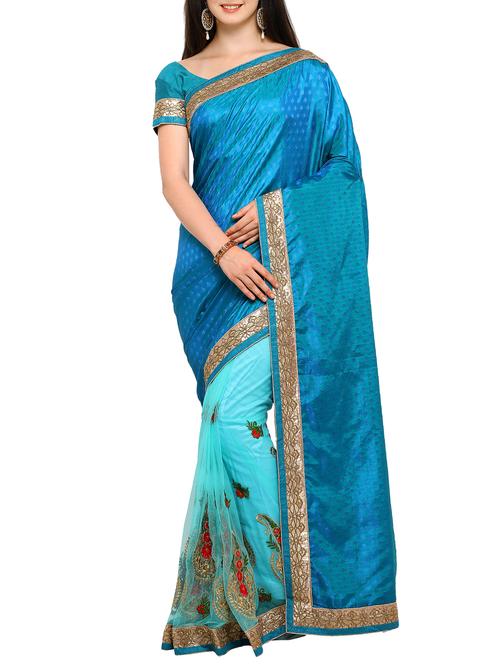 embroidered half & half turquoise saree with blouse - 15353774 - Very Small Image - 1