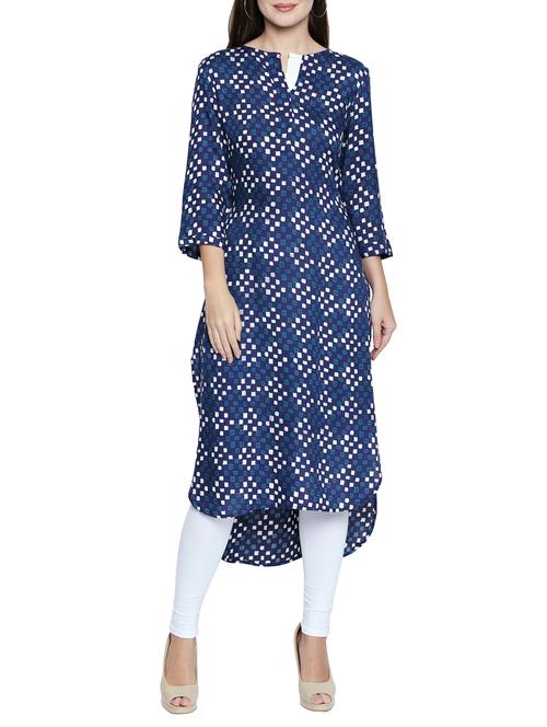 indigo high-low printed kurta - 15353866 - Very Small Image - 1