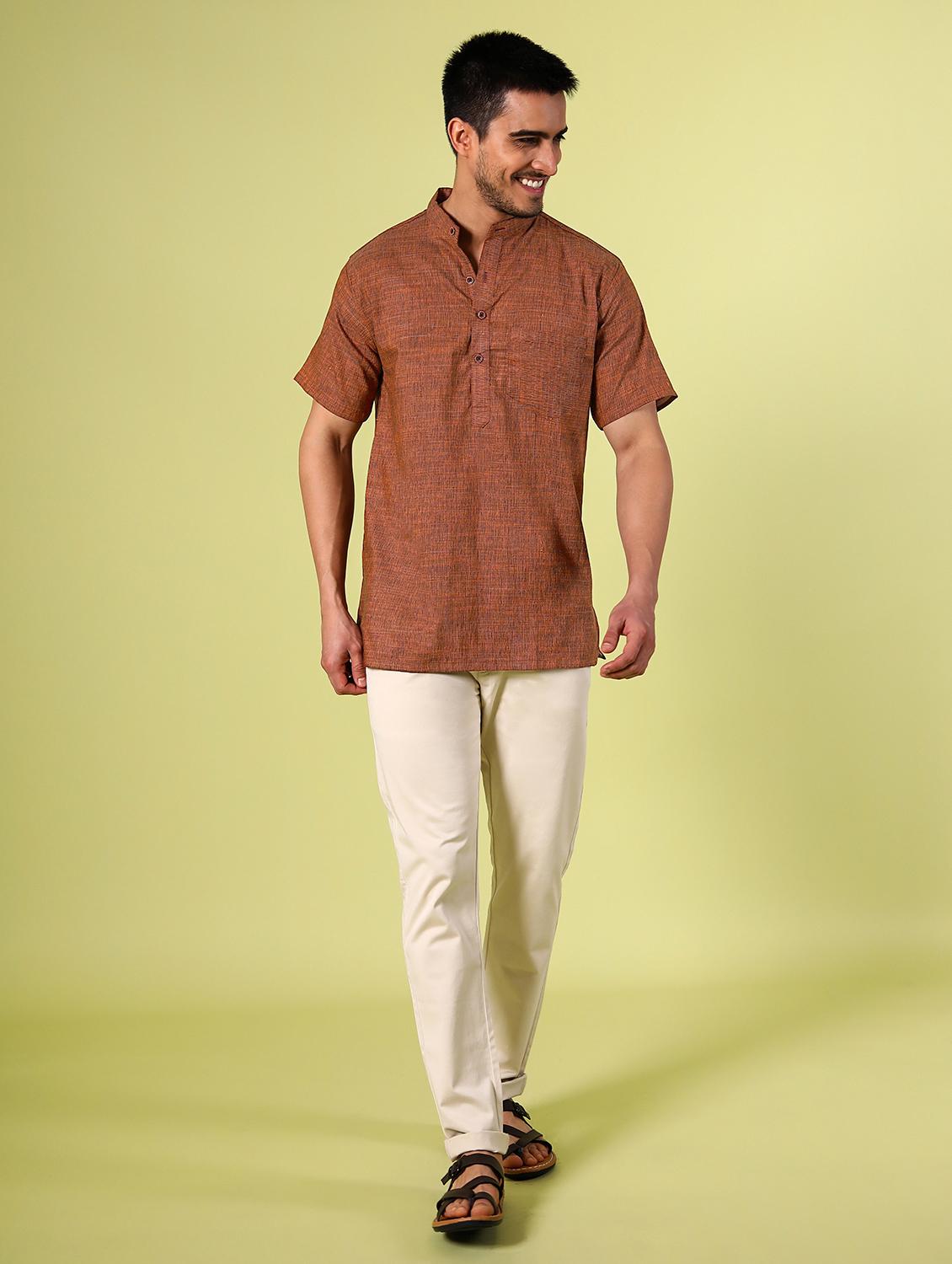 brown cotton short kurta - 15355406 - Zoom Image - 3