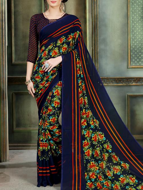 floral striped border saree with blouse - 15358004 - Very Small Image - 1