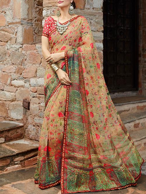 women's floral beige colored saree - 15360892 - Very Small Image - 1