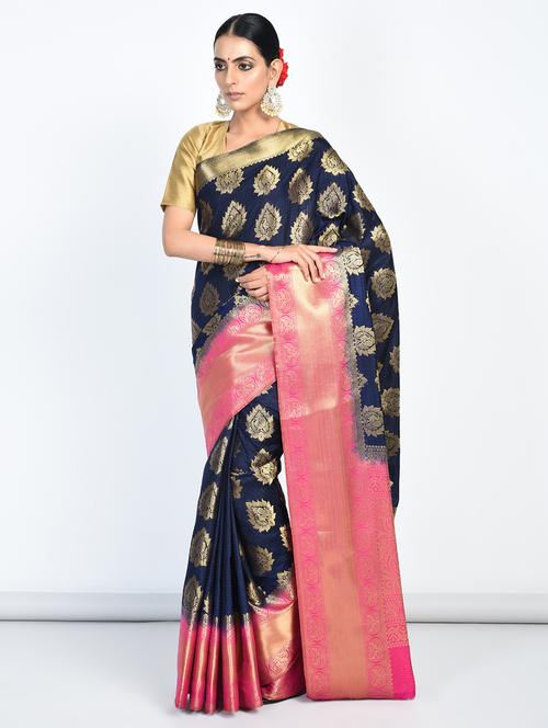 Contrast bordered zari tussar silk saree with blouse - 15363110 - Very Small Image - 1