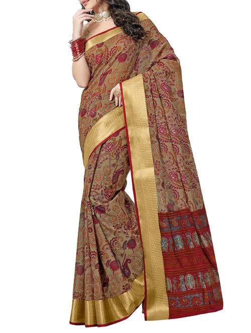 zari border kalamkari printed saree with blouse - 15368076 - Very Small Image - 1