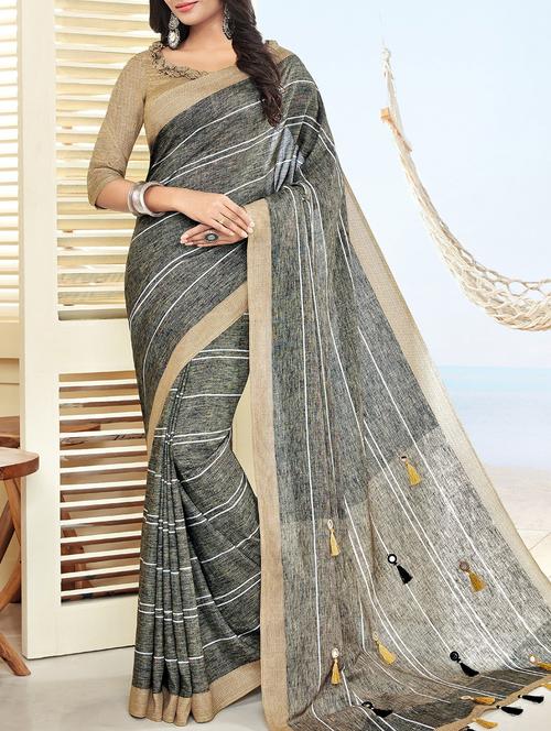 tassel pallu striped saree with blouse - 15376695 - Very Small Image - 1