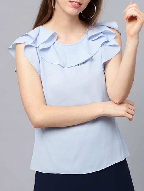 flounce neck and sleeve detail sheer top - 15380154 - Very Small Image - 1