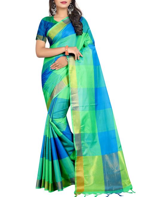 checkered woven saree with tassels with blouse - 15384623 - Very Small Image - 1