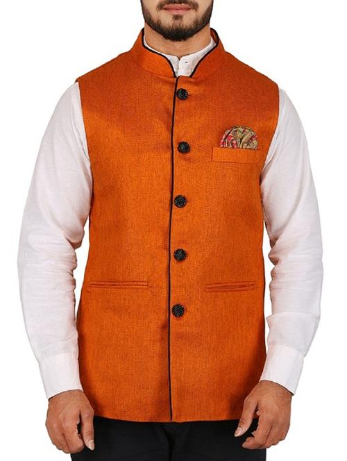 orange cotton nehru jacket - 15385842 - Very Small Image - 1