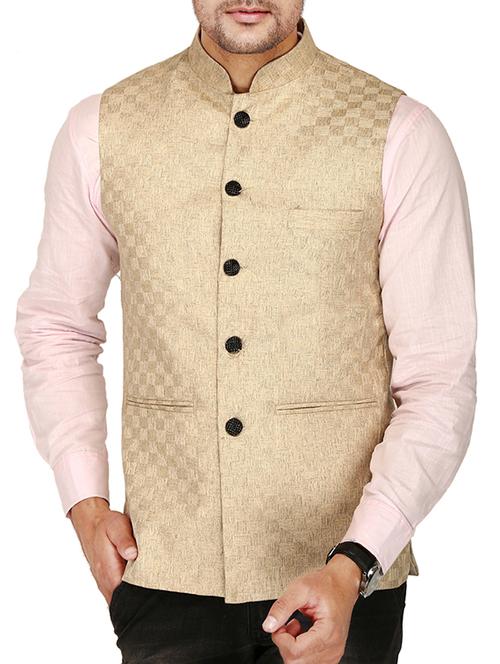 beige cotton nehru jacket - 15385851 - Very Small Image - 1