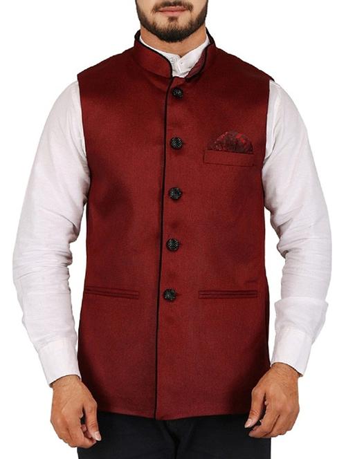maroon cotton blend nehru jacket - 15385857 - Very Small Image - 1