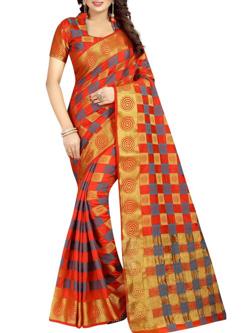 contrast checkered woven saree with blouse - 15386891 - Very Small Image - 1