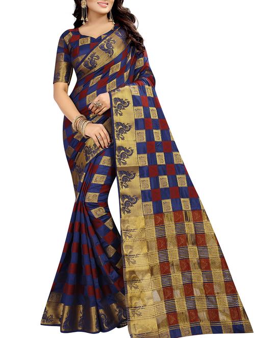 contrast checkered woven saree with blouse - 15386897 - Very Small Image - 1