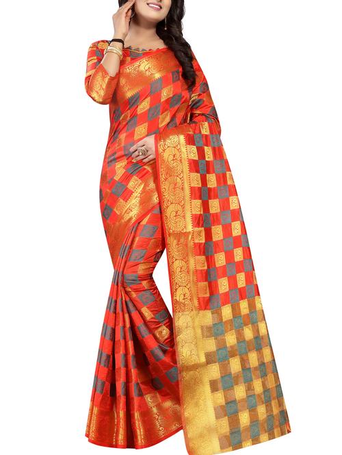 contrast checkered woven saree with blouse - 15386902 - Very Small Image - 1